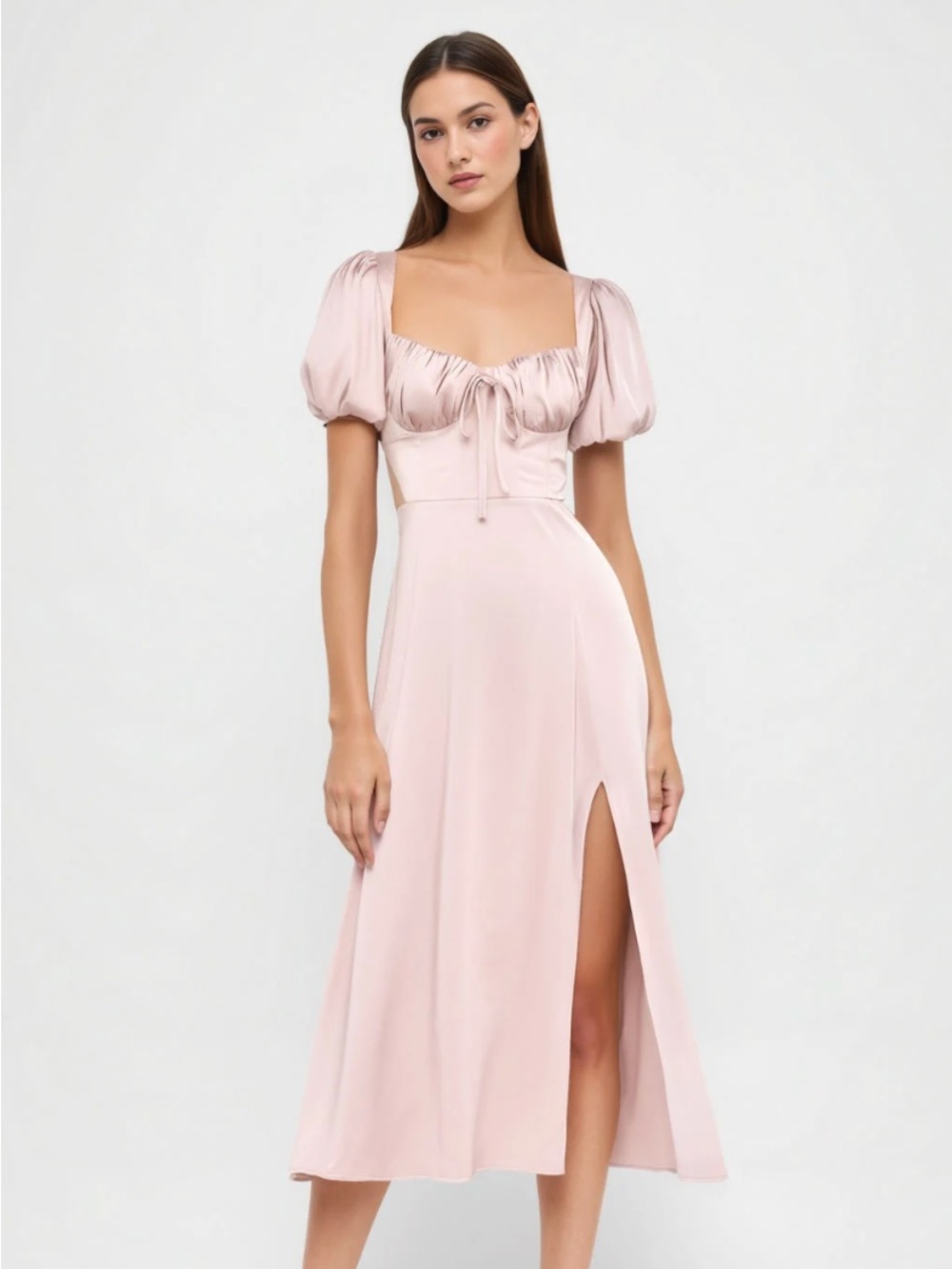 Satin Knotted Puff Sleeve Split Midi Dress